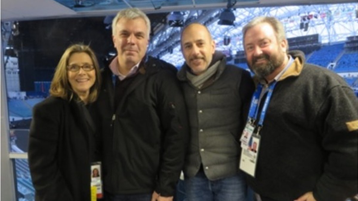 Dave Nuckolls with the production team inside the Sochi Olympic venue
