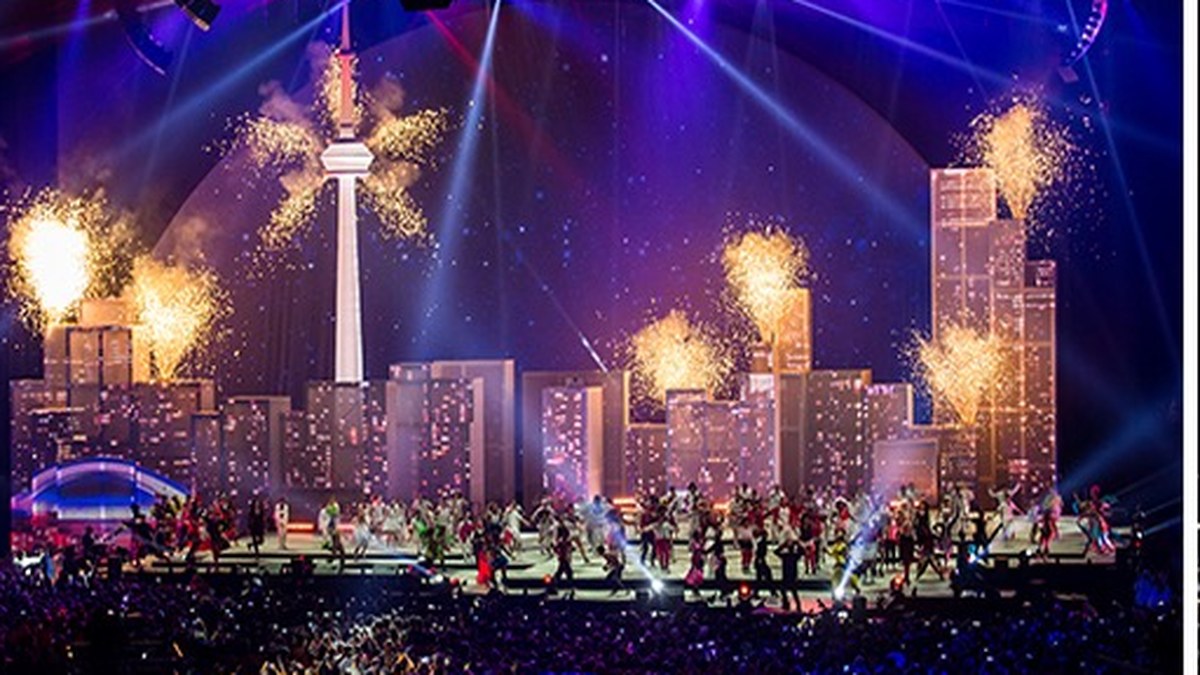 Fireworks over the Toronto skyline set during the Pan American Games ceremony